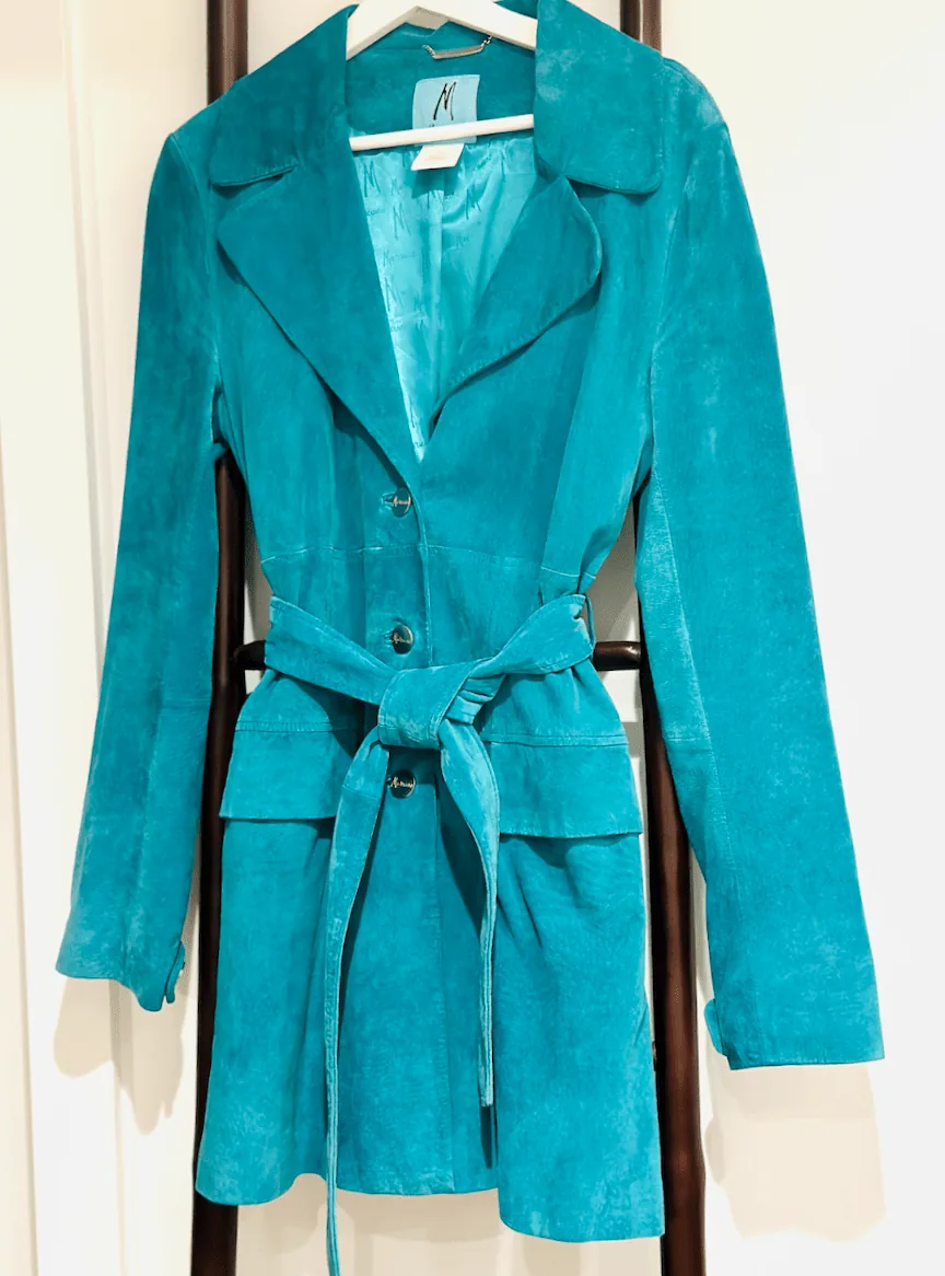 Marsiano Turquoise Belted Casual Boho Suede Trench Jacket — image 2
