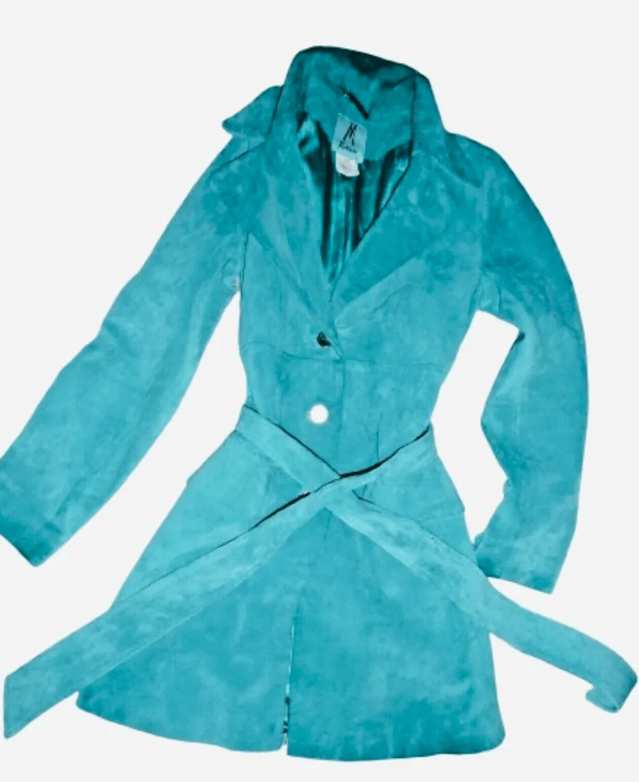 Marsiano Turquoise Belted Casual Boho Suede Trench Jacket — image 3