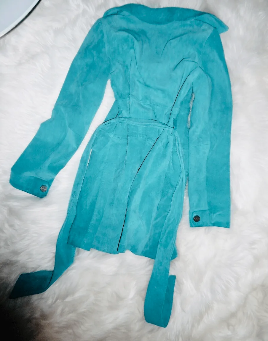 Marsiano Turquoise Belted Casual Boho Suede Trench Jacket — image 4
