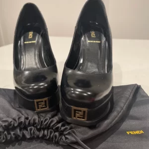 Fendi Black Leather Fendista Platform Wedge Pumps