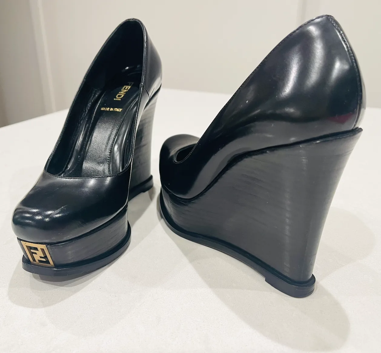 Fendi Black Leather Fendista Platform Wedge Pumps — image 2