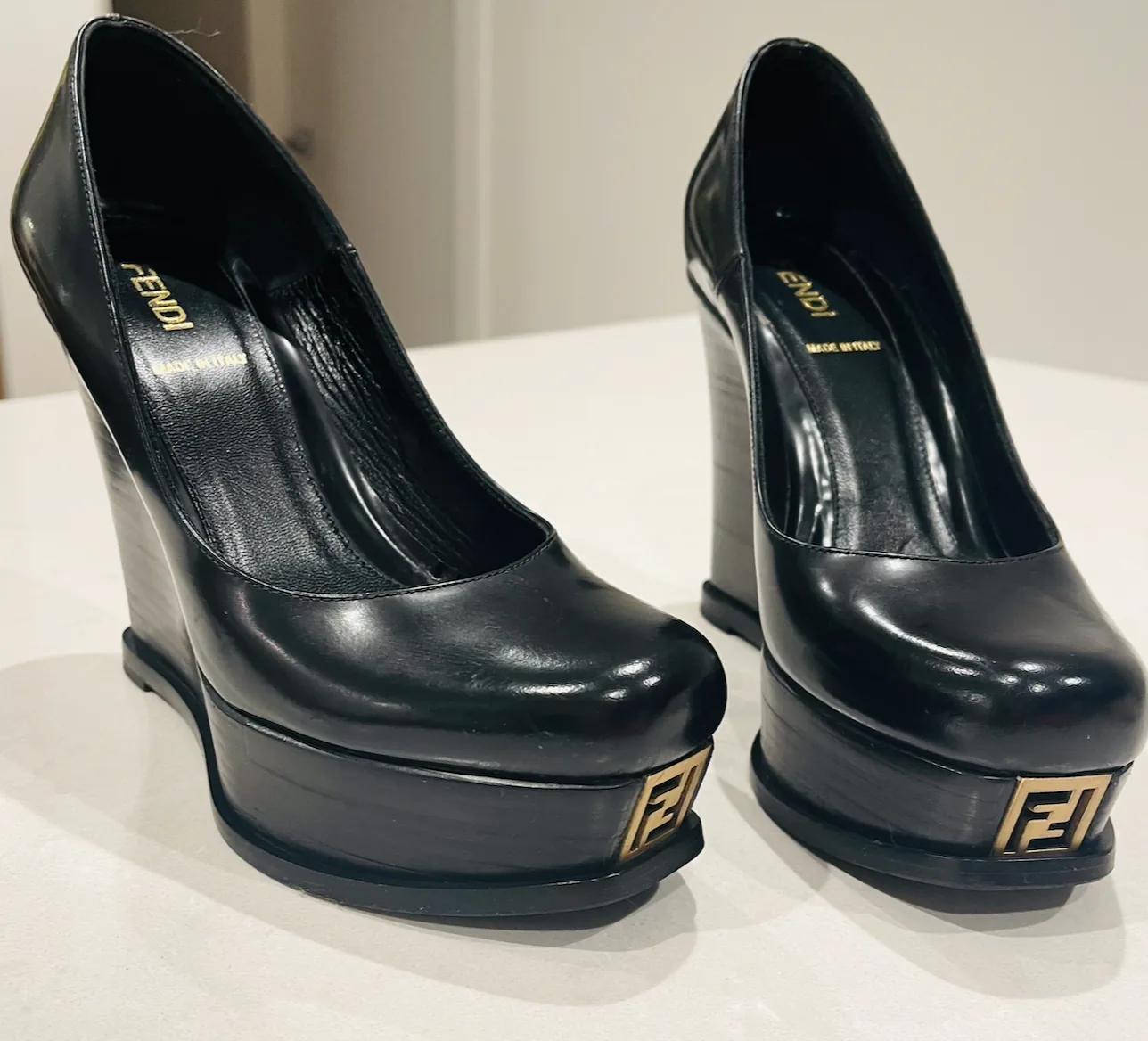 Fendi Black Leather Fendista Platform Wedge Pumps — image 3