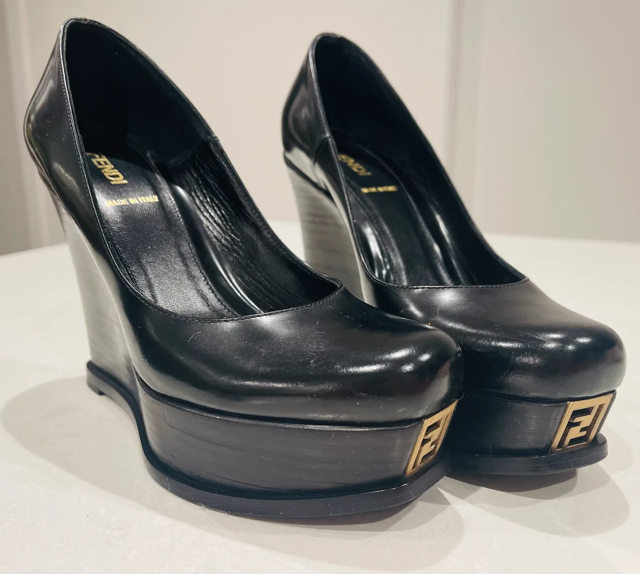 Fendi Black Leather Fendista Platform Wedge Pumps — image 6