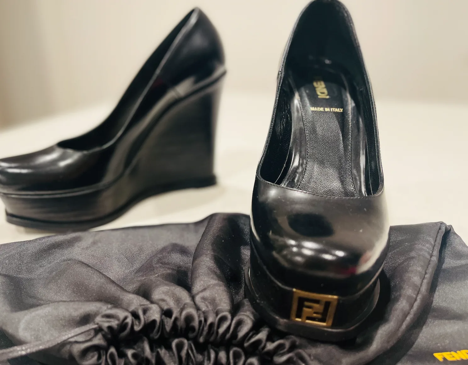 Fendi Black Leather Fendista Platform Wedge Pumps — image 7