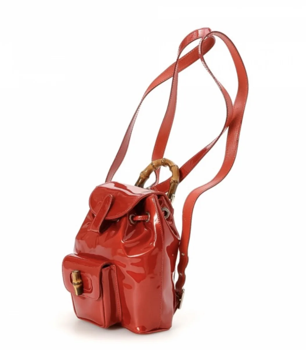 Gucci Red Vernis Leather Bamboo Backpack — image 2