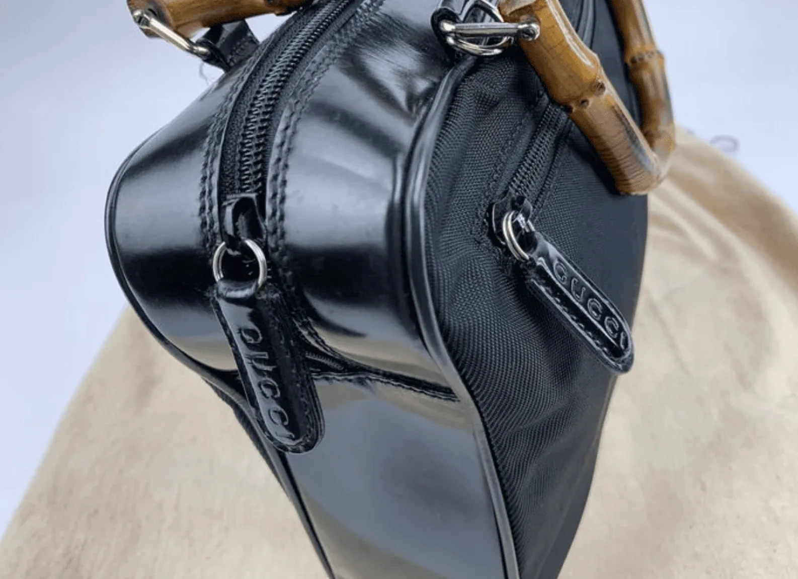 Gucci Vintage Bamboo Handles Black Nylon/Leather Handbag — image 3
