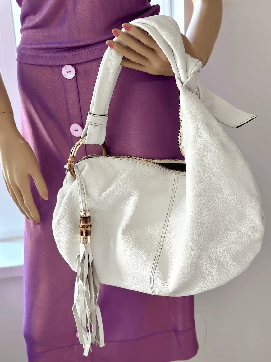 Gucci White Leather Bamboo Jungle Hobo Bag — image 3