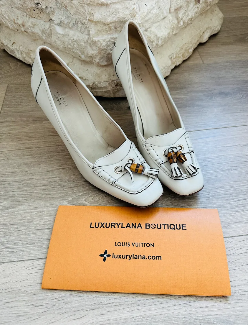 Gucci Leather Bamboo Accent Tassel Heels Ivory Sz.10