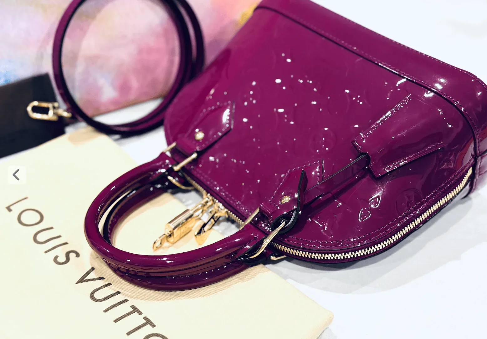 Amethysts Purple Monogram Vernis Leather Alma BB w/Strap — image 7