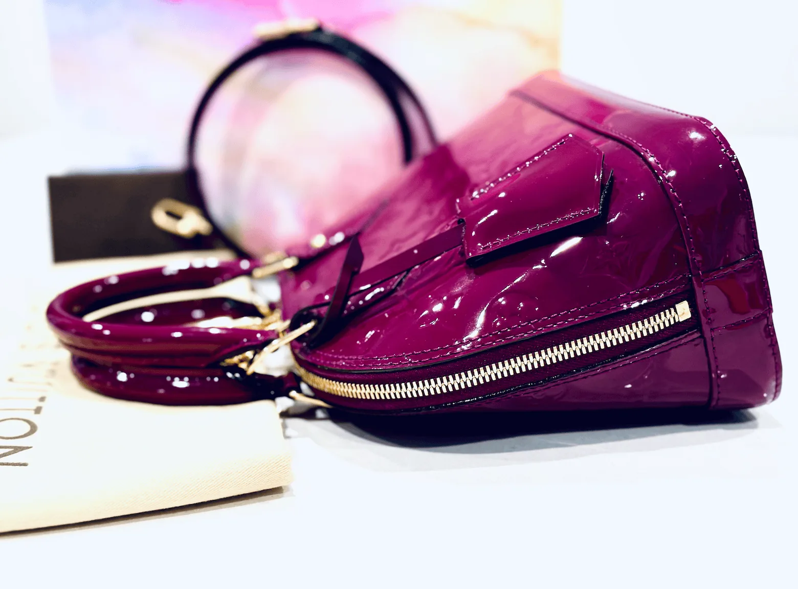 Amethysts Purple Monogram Vernis Leather Alma BB w/Strap — image 10