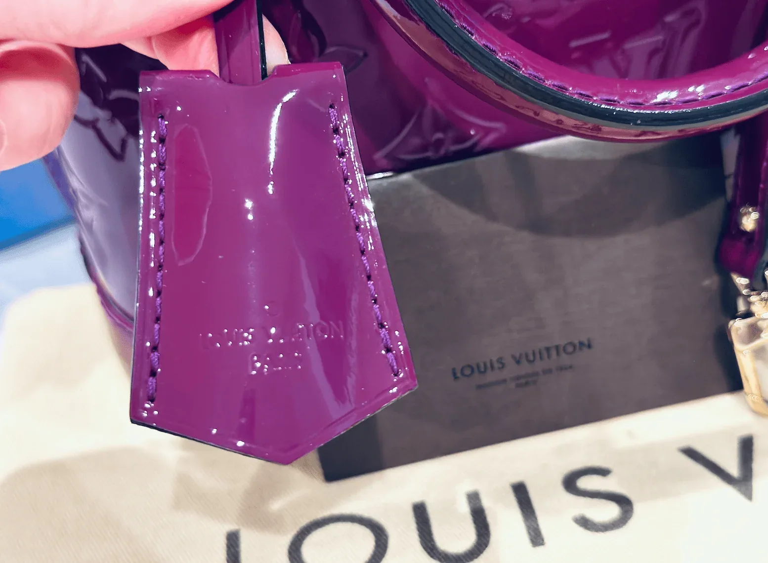 Amethysts Purple Monogram Vernis Leather Alma BB w/Strap — image 11