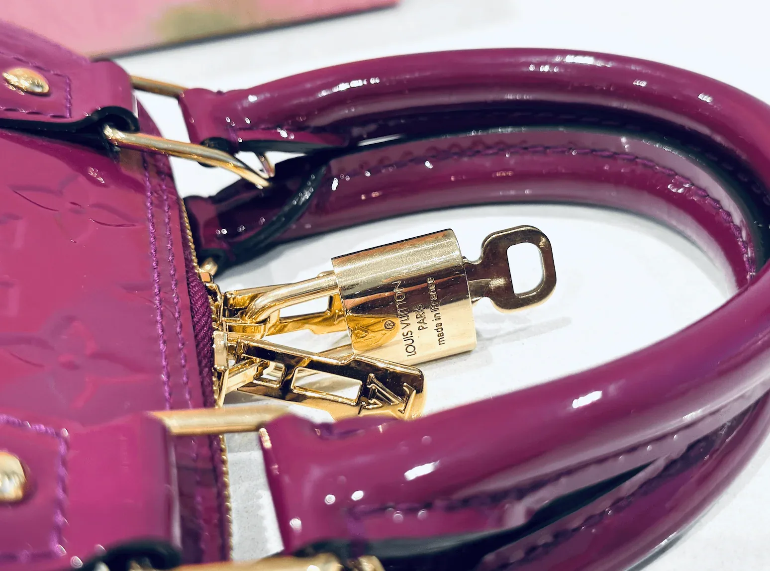 Amethysts Purple Monogram Vernis Leather Alma BB w/Strap — image 12