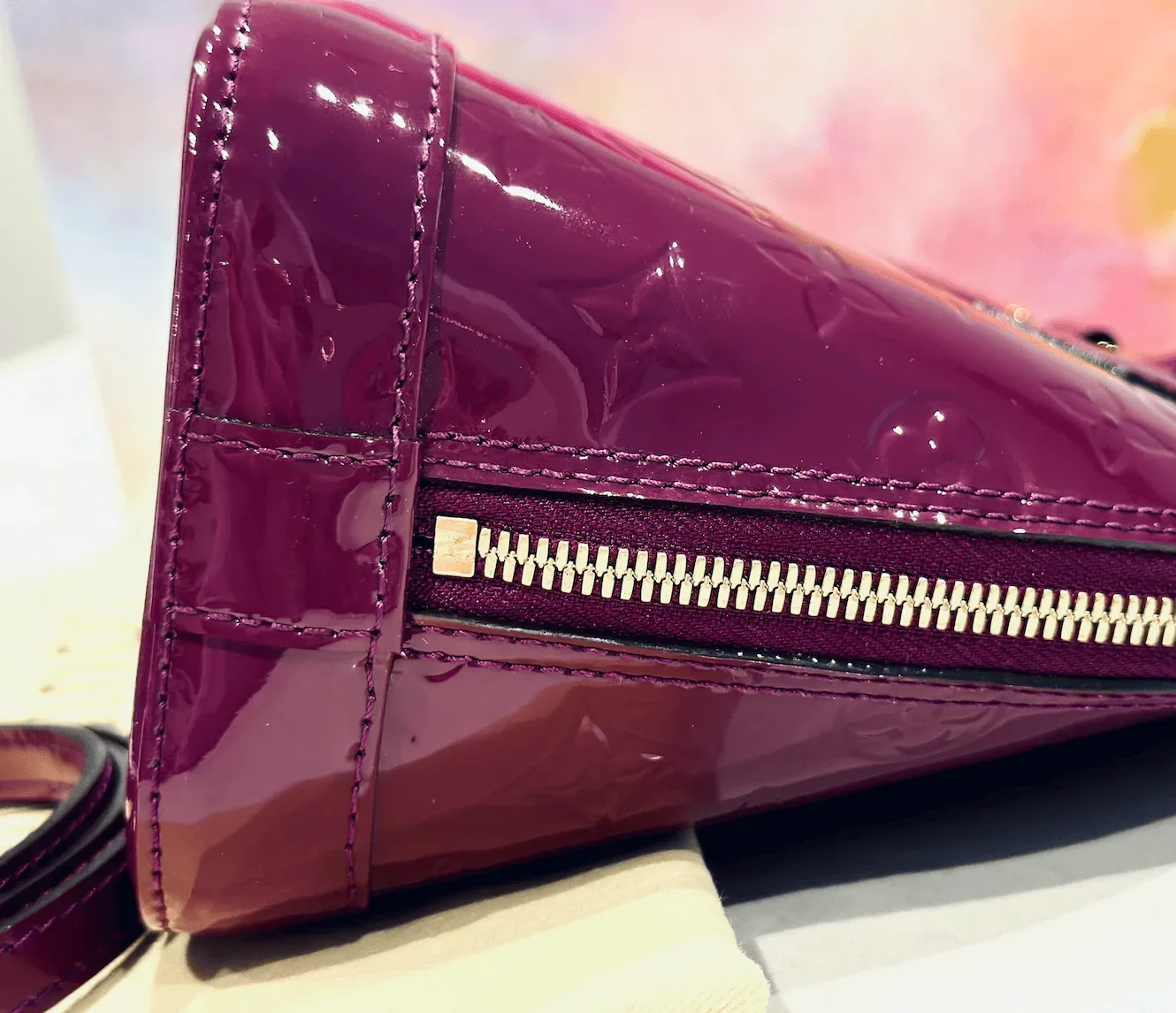 Amethysts Purple Monogram Vernis Leather Alma BB w/Strap — image 15