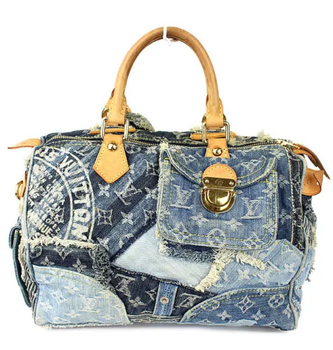 Blue Denim Patchwork Speedy 30 Handbag