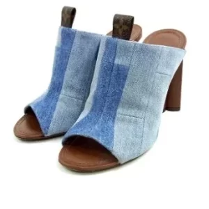 Blue Denim Patchwork Monogram Flower Silhouette Mules Heels