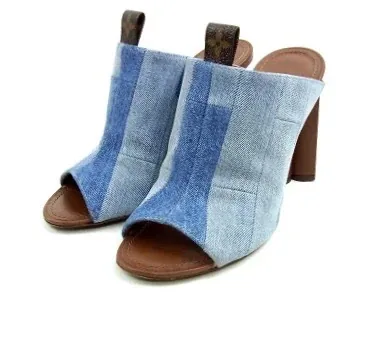 Blue Denim Patchwork Monogram Flower Silhouette Mules Heels