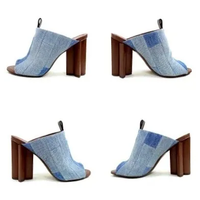 Blue Denim Patchwork Monogram Flower Silhouette Mules Heels — image 3