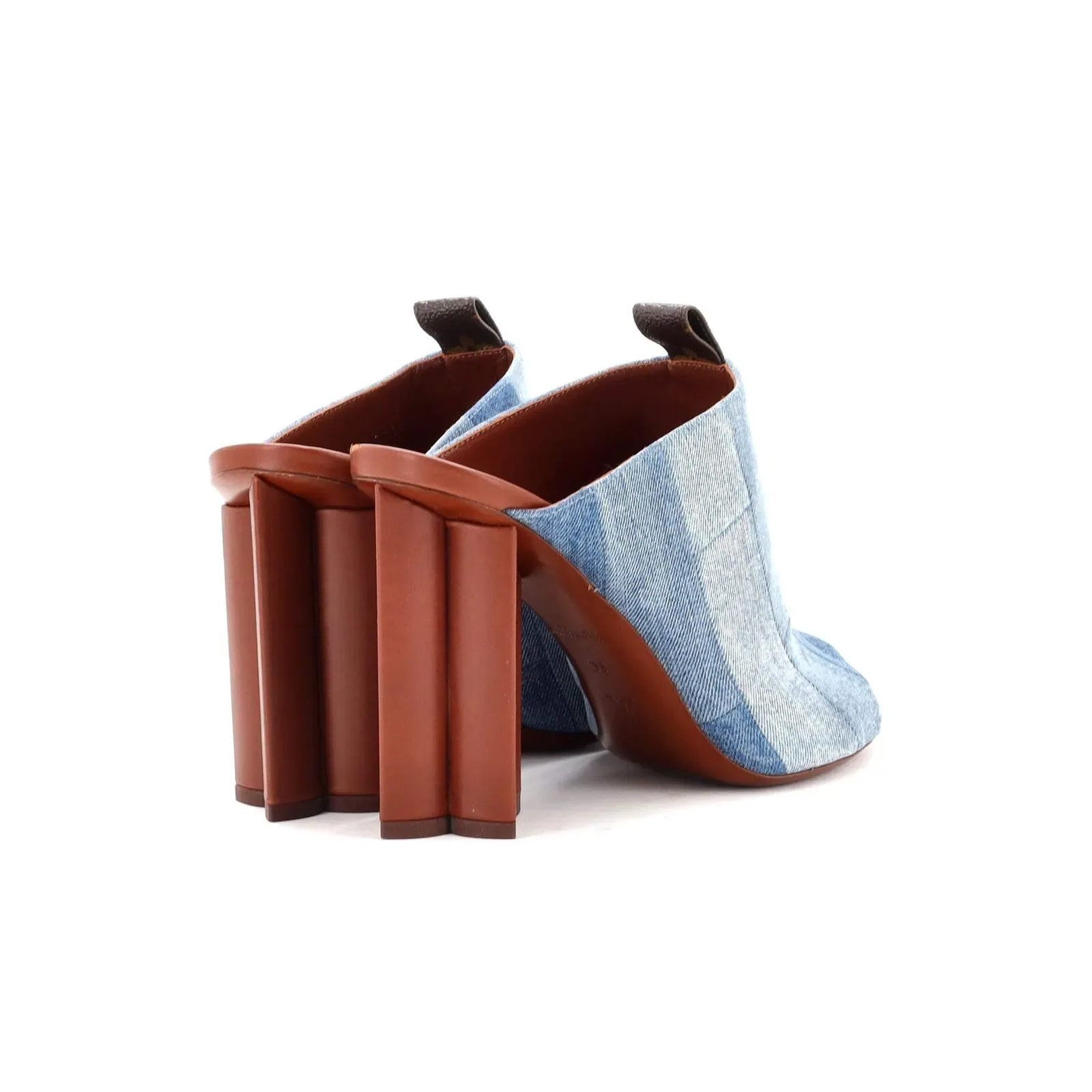 Blue Denim Patchwork Monogram Flower Silhouette Mules Heels — image 6