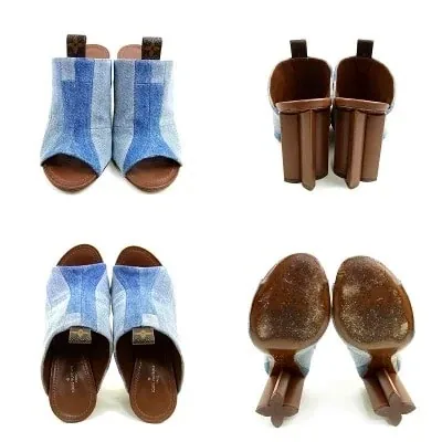 Blue Denim Patchwork Monogram Flower Silhouette Mules Heels — image 7