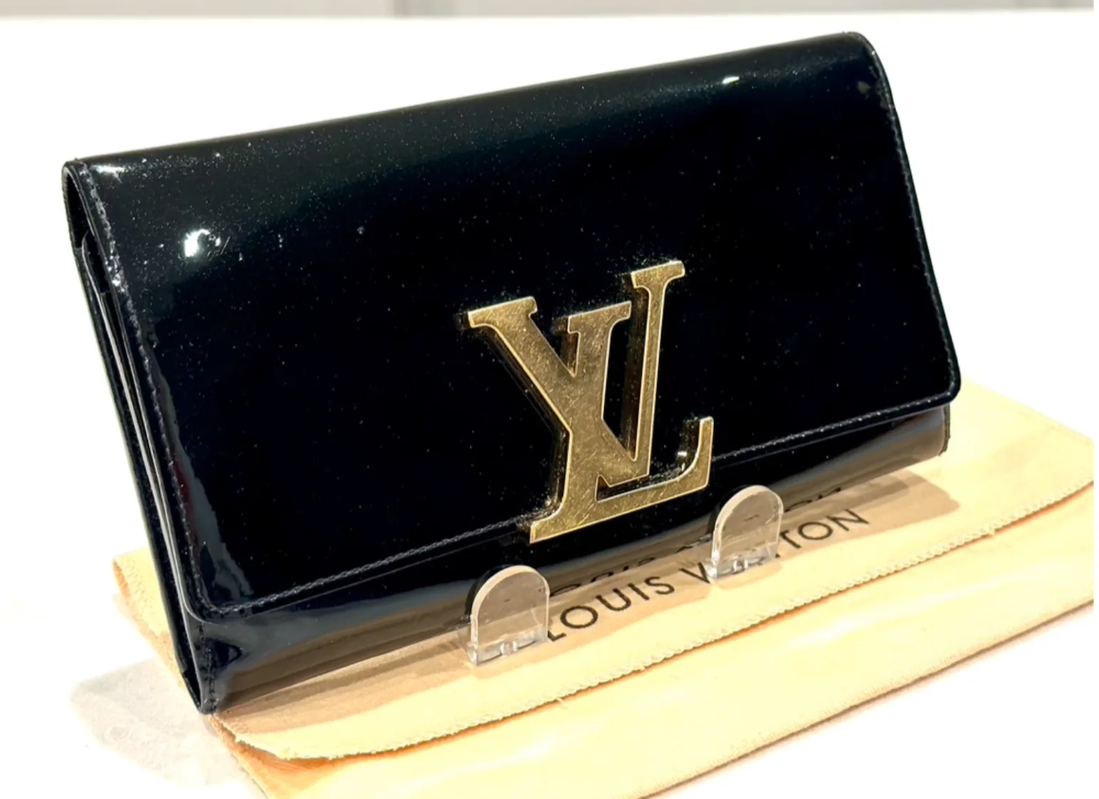 Black Patent Leather Louise Wallet-Clutch w/Gold Large Logo