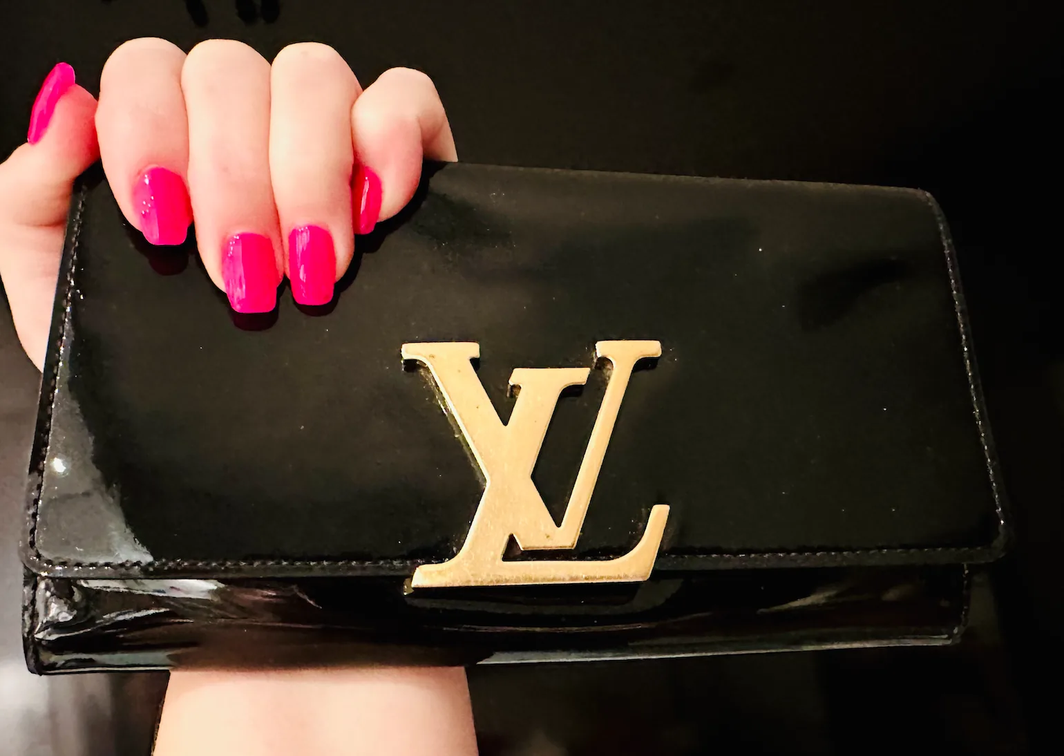 Black Patent Leather Louise Wallet-Clutch w/Gold Large Logo — image 2