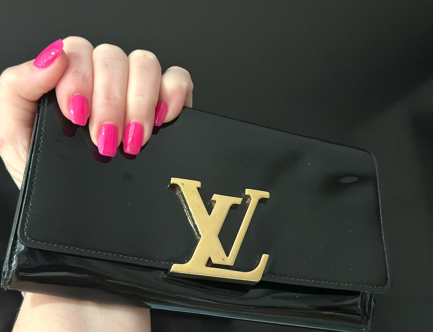 Black Patent Leather Louise Wallet-Clutch w/Gold Large Logo — image 3