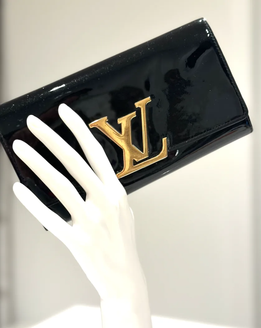 Black Patent Leather Louise Wallet-Clutch w/Gold Large Logo — image 4
