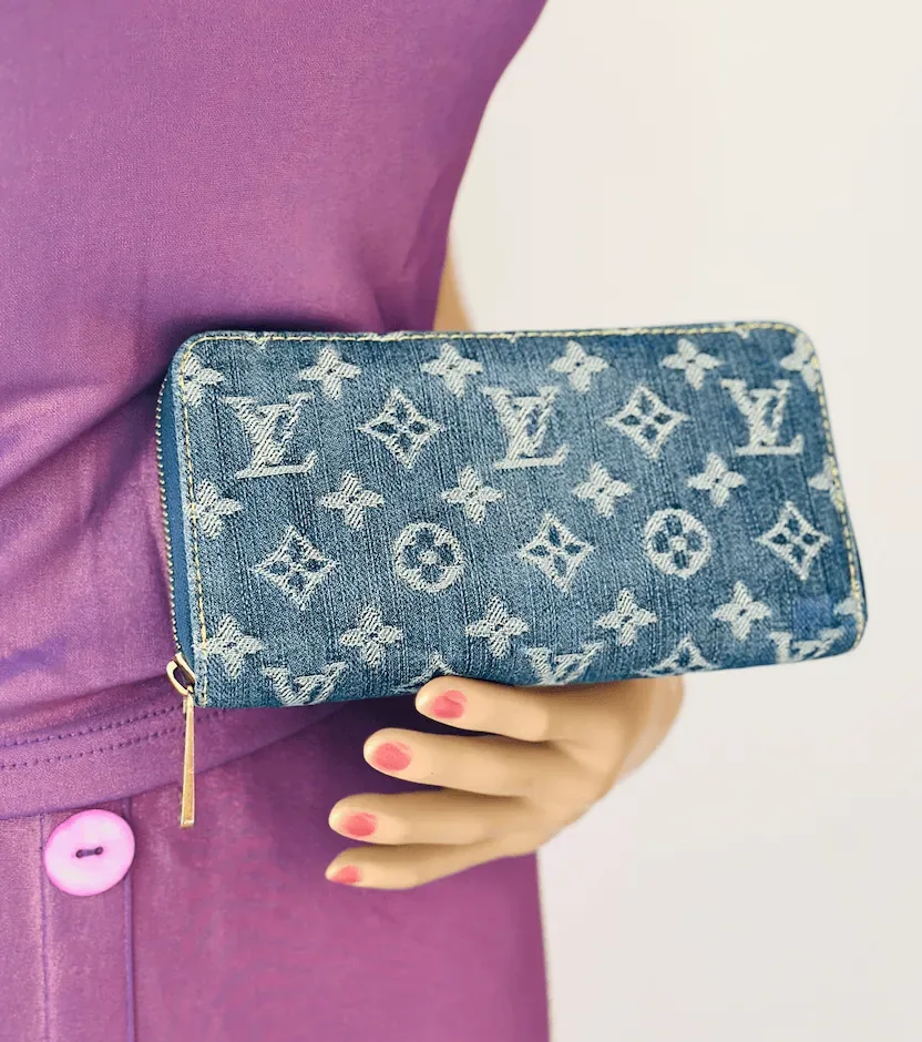 Monogram Blue Denim Zip Around Wallet Clutch