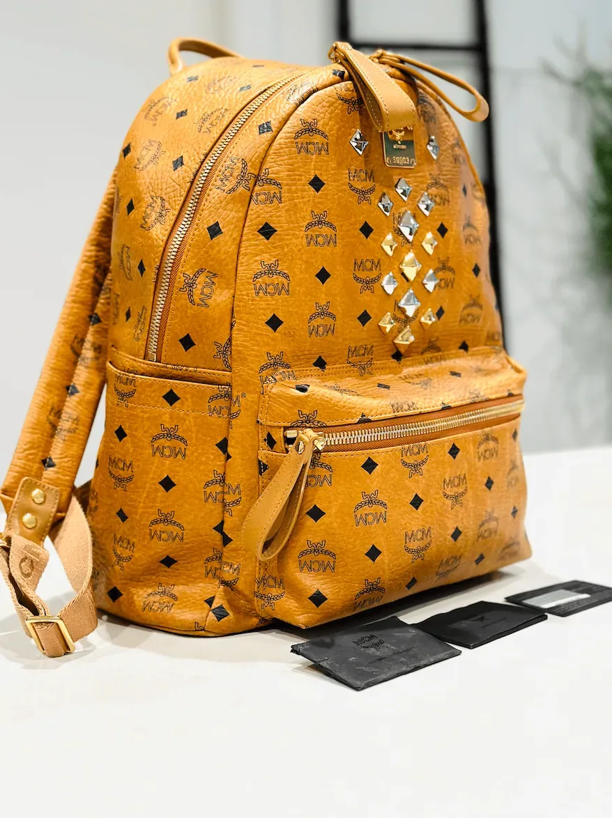 MCM Cognac Visetos Leather Large Front Studs Stark Backpack