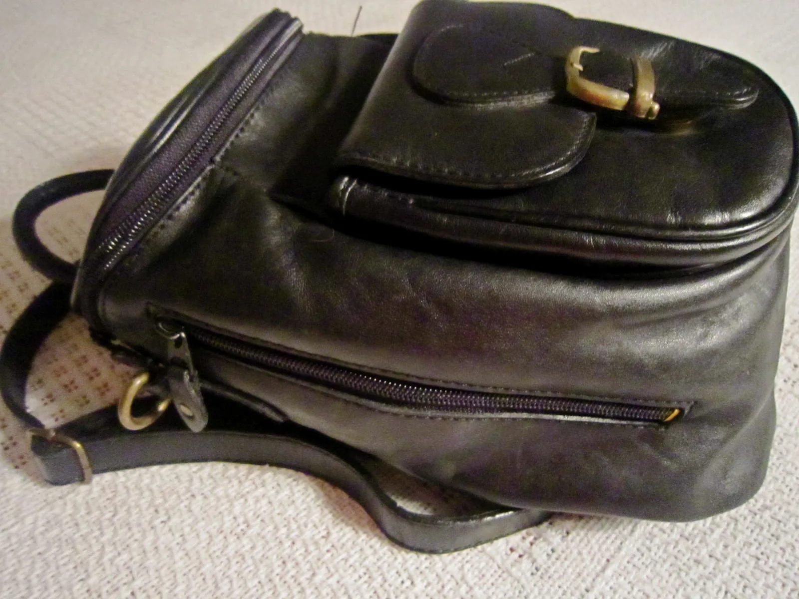 Genuine Black Cowhide Leather Zip-Top Backpack — image 3