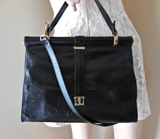 Vintage Black Snakeskin Leather Satchel Bag — image 2