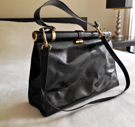 Vintage Black Snakeskin Leather Satchel Bag — image 3