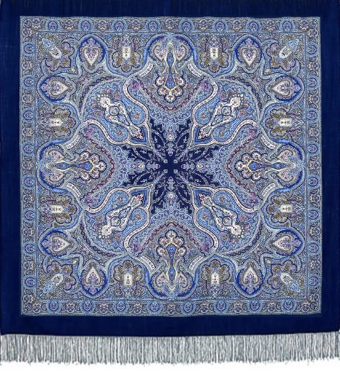 Pavlovo Posad Blue “Spanish” Large Russian Shawl 100% Wool Pashmina Scarf — image 2