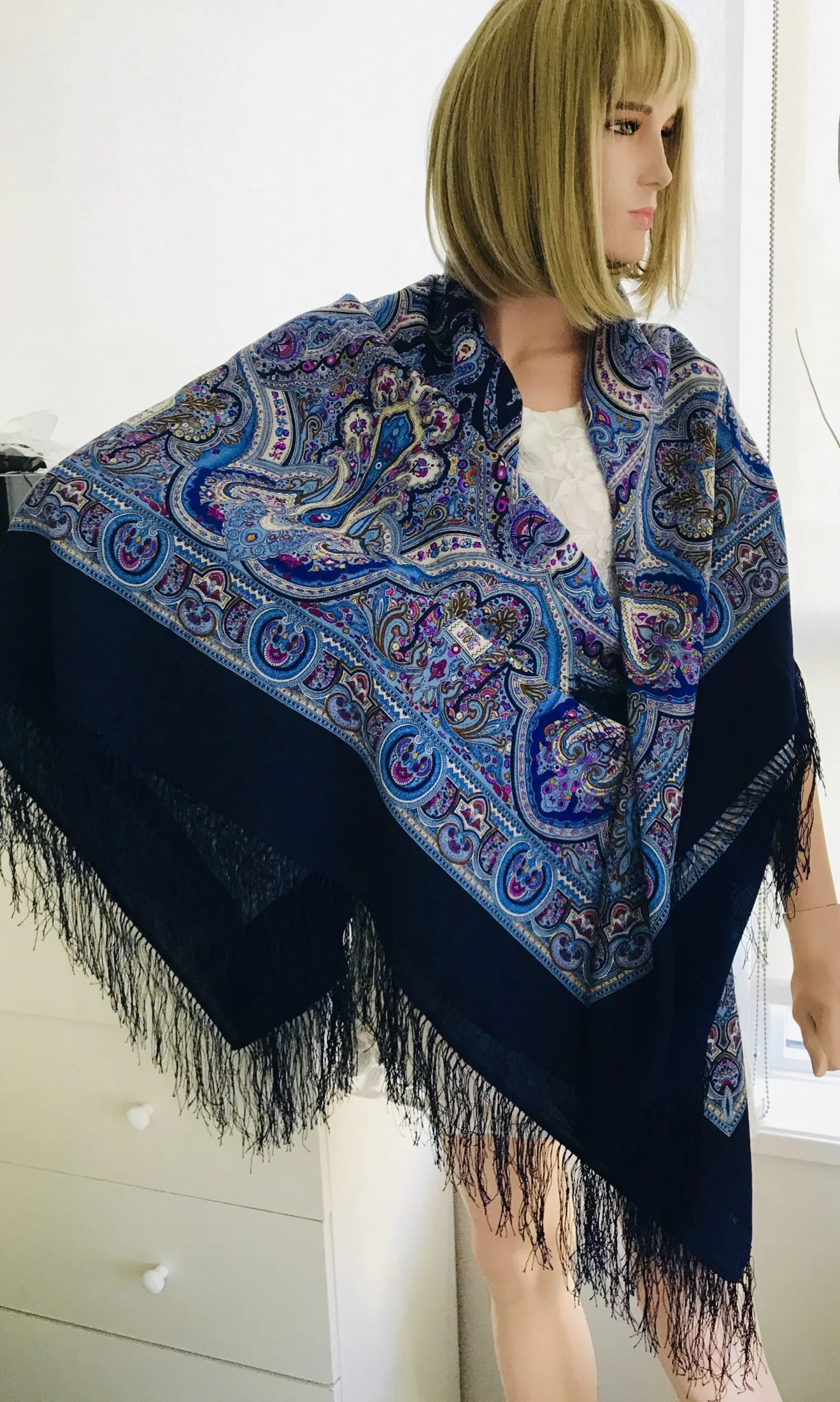 Pavlovo Posad Blue “Spanish” Large Russian Shawl 100% Wool Pashmina Scarf — image 4