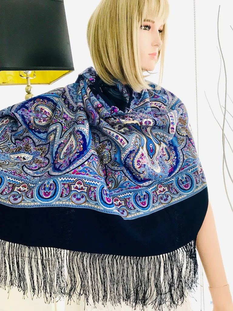 Pavlovo Posad Blue “Spanish” Large Russian Shawl 100% Wool Pashmina Scarf — image 5