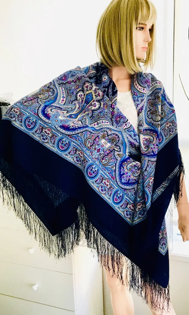Pavlovo Posad Blue “Spanish” Large Russian Shawl 100% Wool Pashmina Scarf — image 6