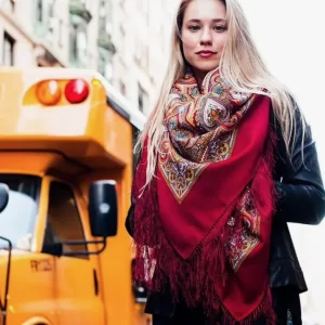 Pavlovo Posad Red “Spanish” Large Russian Shawl 100% Wool Pashmina Scarf