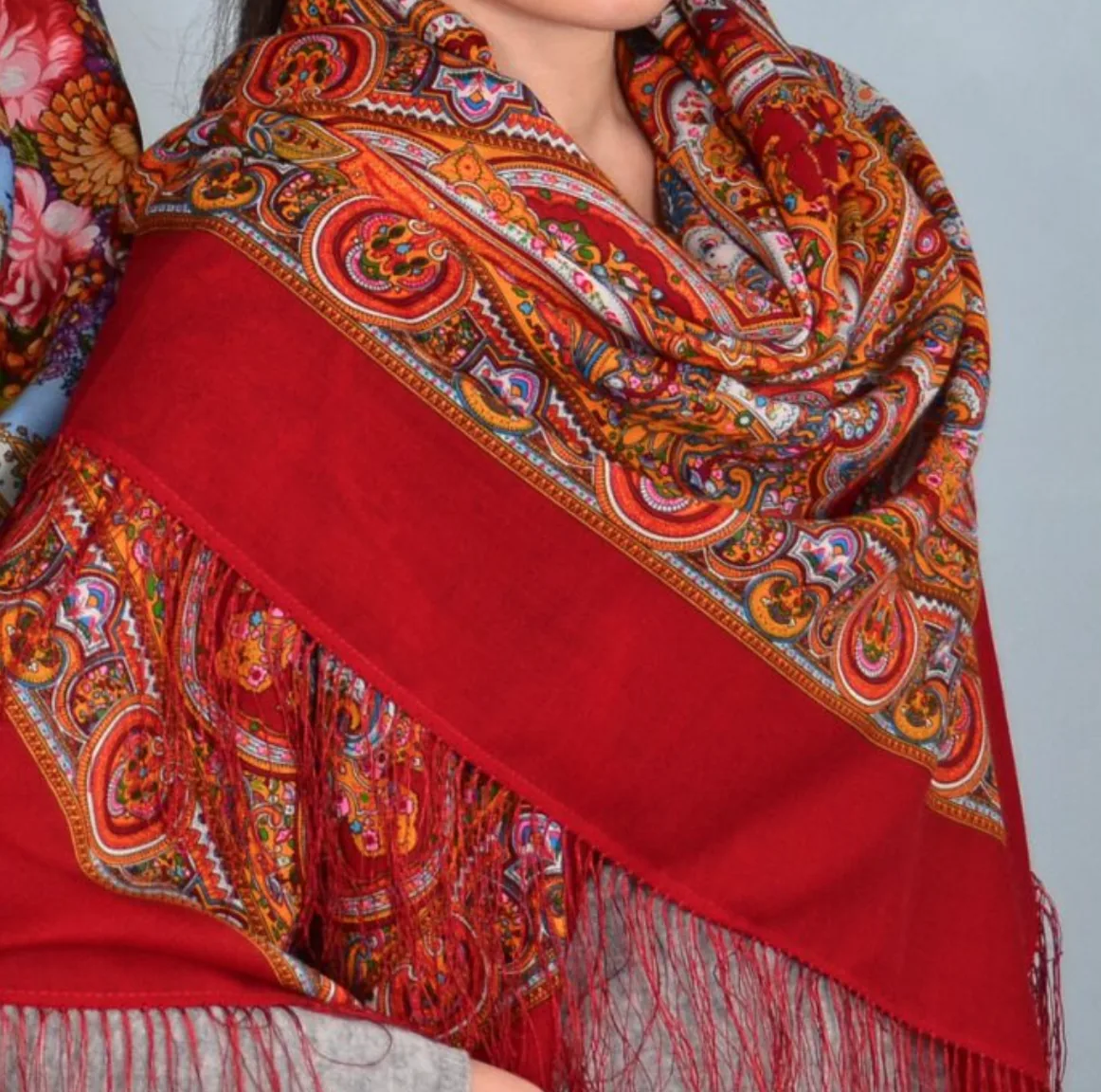 Pavlovo Posad Red “Spanish” Large Russian Shawl 100% Wool Pashmina Scarf — image 3