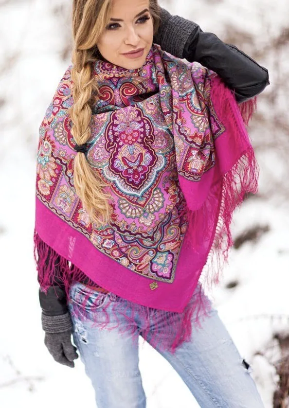 Pavlovo Posad “Beauty Queen” Fuchsia Shawl Pashmina Scarf with Silk Fringе 146 cm x 146 cm