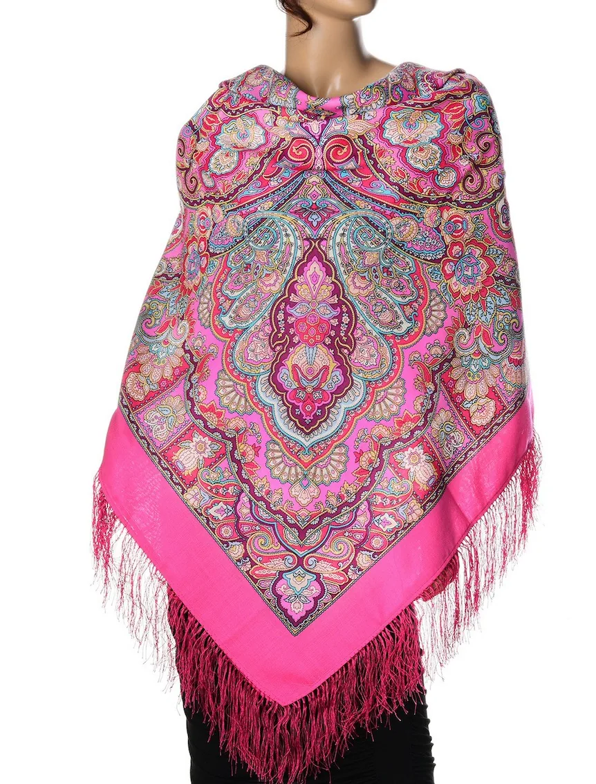 Pavlovo Posad “Beauty Queen” Fuchsia Shawl Pashmina Scarf with Silk Fringе 146 cm x 146 cm — image 3