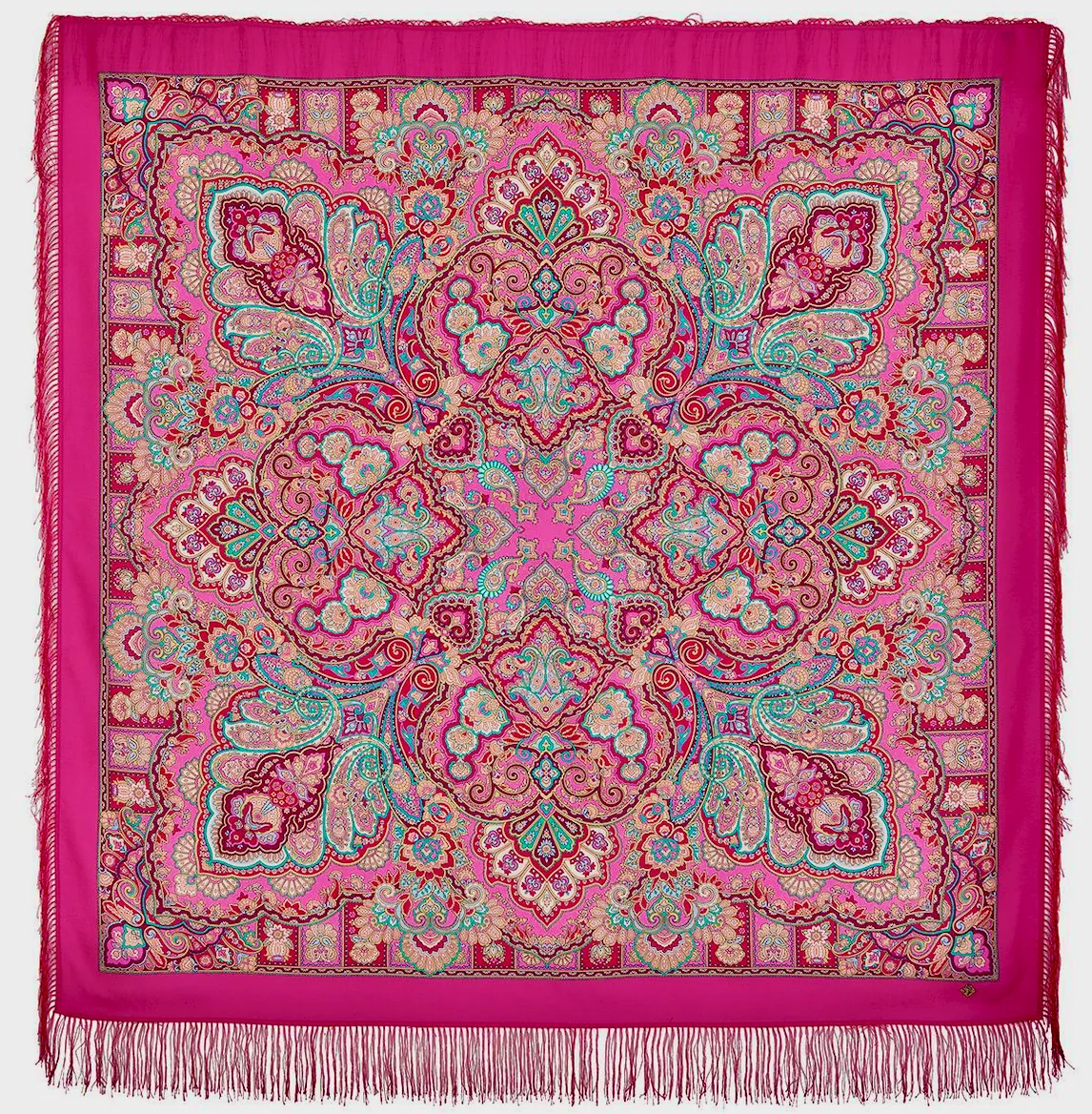 Pavlovo Posad “Beauty Queen” Fuchsia Shawl Pashmina Scarf with Silk Fringе 146 cm x 146 cm — image 6