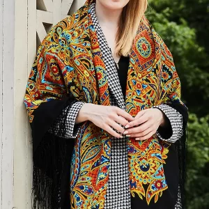 Pavlovo Posad Russian Shawl 100% Wool Scarf 148 cm Silk Fringe “Gingerbread” Limited Edition