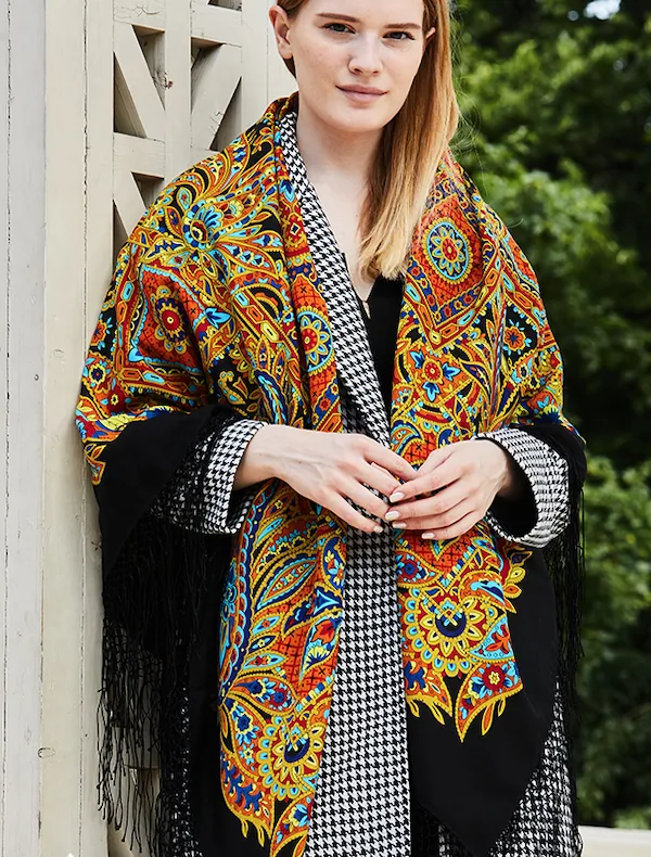 Pavlovo Posad Russian Shawl 100% Wool Scarf 148 cm Silk Fringe “Gingerbread” Limited Edition