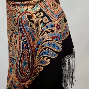 Pavlovo Posad Russian Shawl 100% Wool Scarf 148 cm Silk Fringe “Printed Gingerbread Cookie”