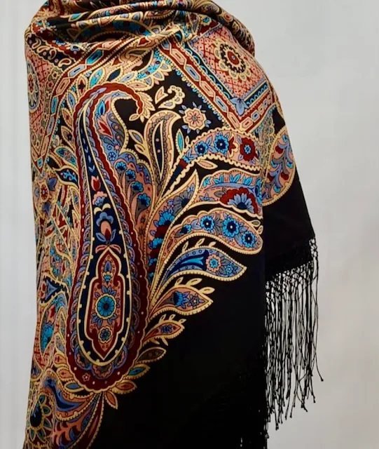 Pavlovo Posad Russian Shawl 100% Wool Scarf 148 cm Silk Fringe “Printed Gingerbread Cookie”