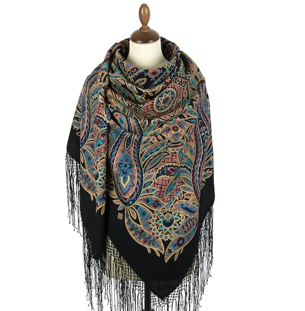 Pavlovo Posad Russian Shawl 100% Wool Scarf 148 cm Silk Fringe “Printed Gingerbread Cookie” — image 2