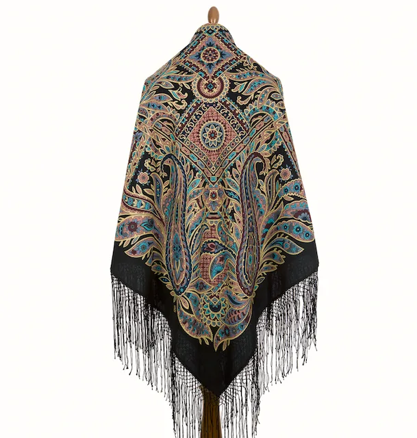 Pavlovo Posad Russian Shawl 100% Wool Scarf 148 cm Silk Fringe “Printed Gingerbread Cookie” — image 4