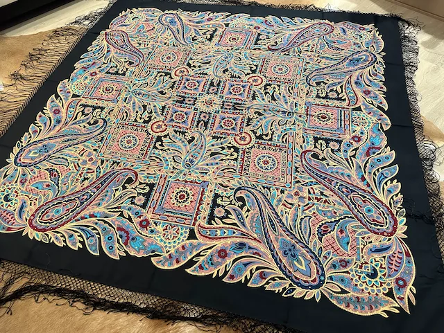 Pavlovo Posad Russian Shawl 100% Wool Scarf 148 cm Silk Fringe “Printed Gingerbread Cookie” — image 6