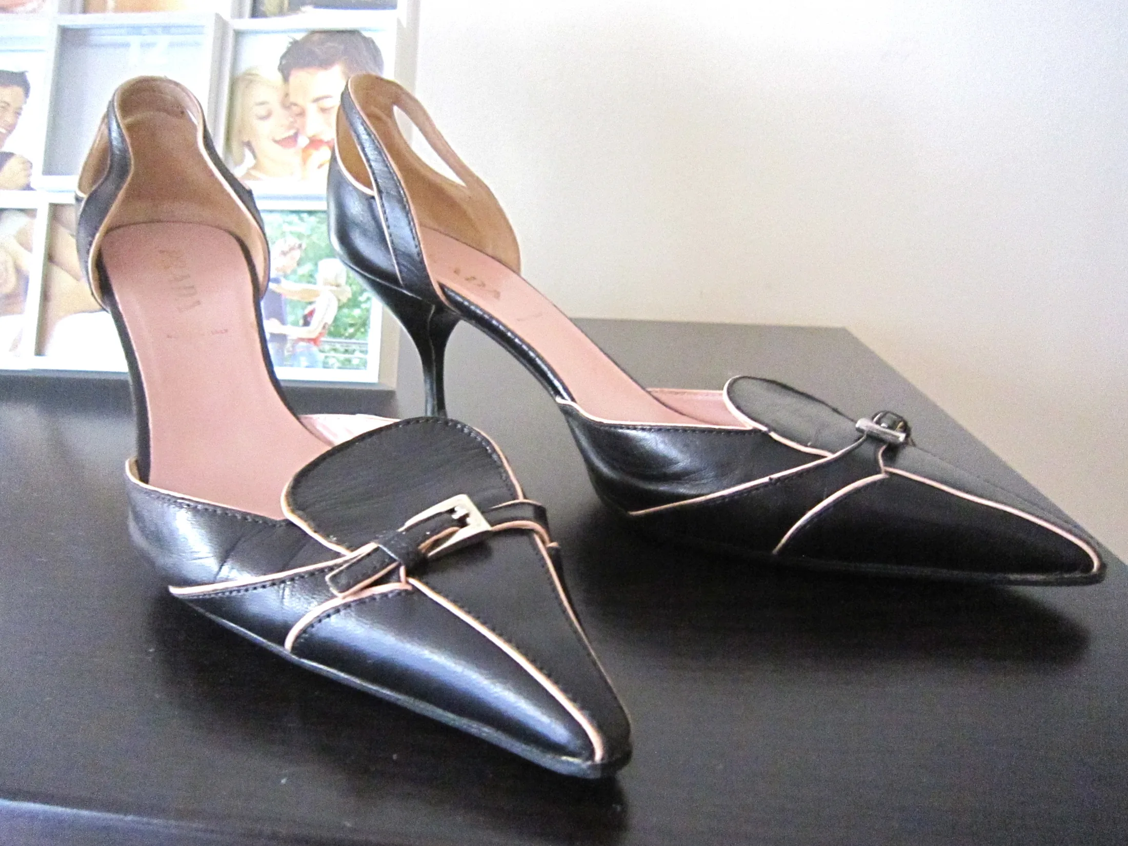 Prada Pink & Navy Mini Buckle Leather Heels/Size 36
