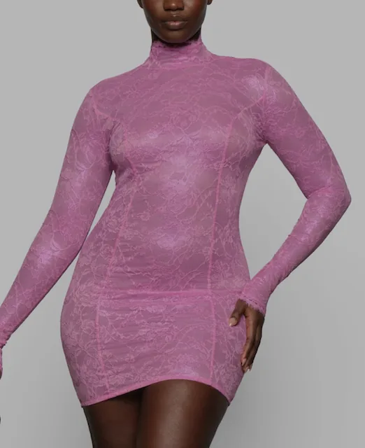 SKIMS Lace Turtleneck Dress in Bubble Gum Pink Size L — image 3
